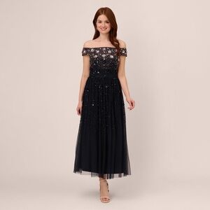 Adrianna Papell OFF THE SHOULDER ANKLE-LENGTH BEADED DRESS WITH SEQUIN Rosettes